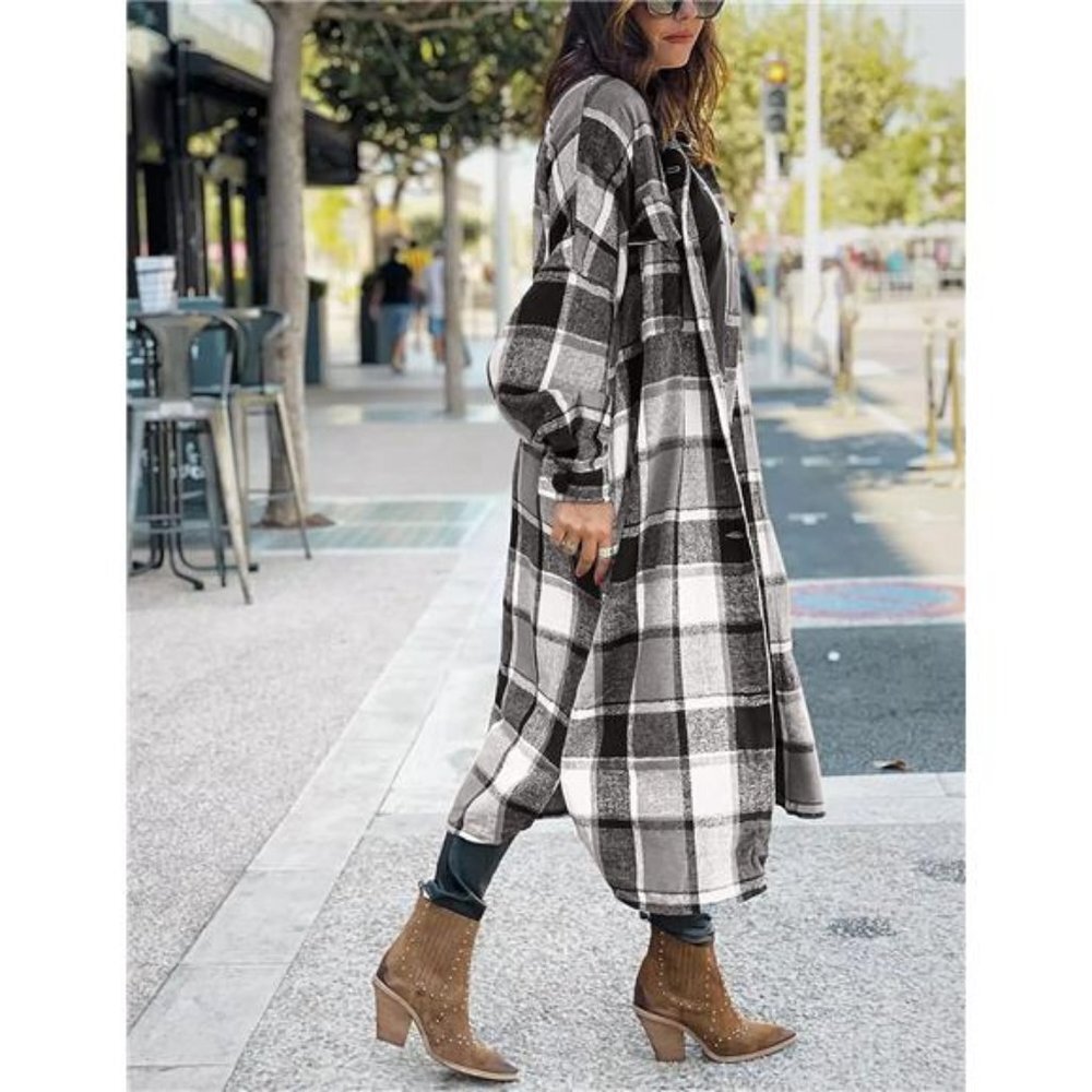 Black Plaid‎ Print Oversized Button Down Long Midi Trench Flannel Jacket Coat - Picture 4 of 6